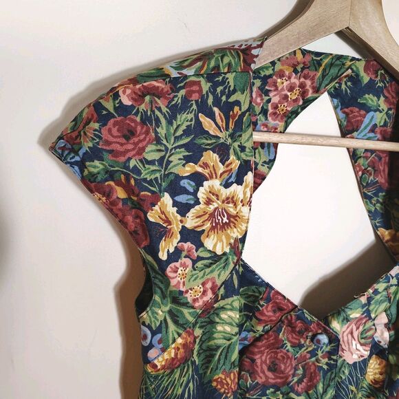 Vintage Floral Drop Waist Pleated Dress Size 10 Cutout Back Cottagecore - Picture 2 of 12